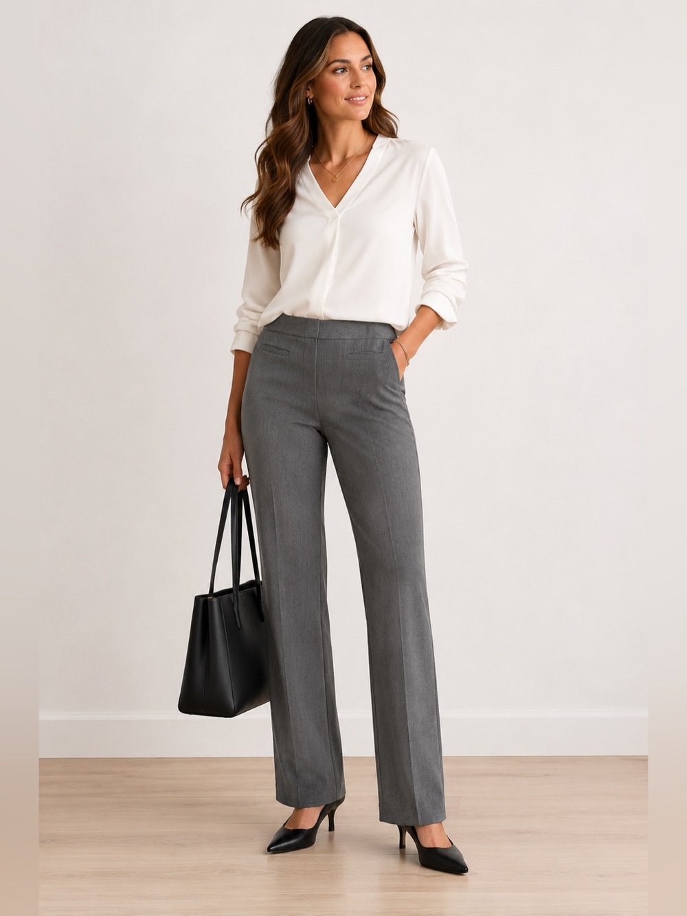 Liz Claiborne Audra Gray Pull On Dress Pants Petite 4 Straight Leg Career